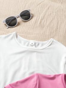 Sparklyn 3 piezas Camisetas ajustadas de manga corta y cuello redondo con bajo asimétrico para niñas, en negro, blanco y estampado de leopardo, blusas casuales de verano - Multicolor - Ver 3