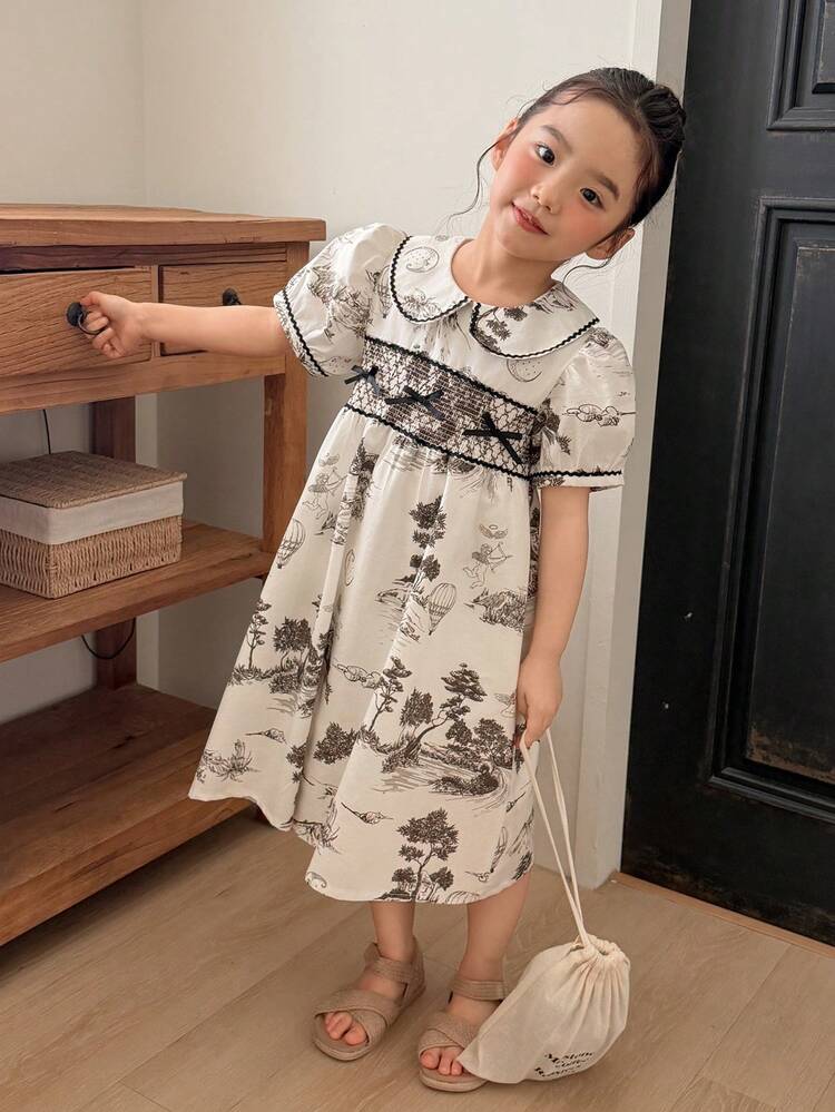 Young Girl' Peter Pan Collar Short Sleeve Dress Vacation