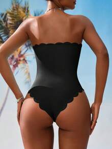 Swim Vcay 1pc Women Plain Color Strapless Scalloped One-Piece Swimsuit For Vacation For Summer - Black - View 2
