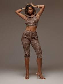 MUSERA 亮片豹纹修身七分裤，春夏度假海滩伊比沙岛音乐节派对优雅女神 - 棕色 - 查看 2