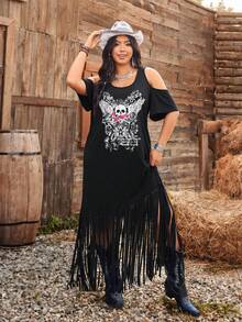 Ceyna Plus Size Spring/Summer Knit Jacquard Off-Shoulder Long Tassel Dress Skull Graphic Dress Fringe Dress Western Dress Rock Style Dress Rock Festival Outfits Women Cowgirl Outfit For Women Boho Outfit For Women Wild West Outfit Women Boho Chic Women's Clothing - Black - View 5