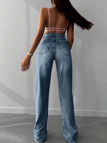 SHEIN Tall High Waist Raw Hem Wideleg Jean - Dusty Blue - View 2