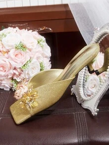 CUCCOO HITCHD Women's Summer New Floral Beaded Square Toe Kitten Heel Mules, Elegant & Versatile Wedding Shoes Summer Shoes Bride Shoes - Gold - View 11
