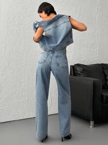 SHEIN 100% Cotton Women's Denim Two Pieces Outfits Vest& Pants - Medium Wash - View 3