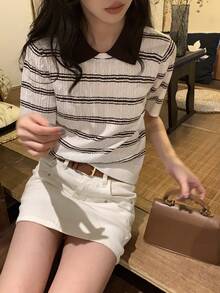 DAZY 女士春季新款撞色条纹提花针织Polo衫 - 黑與白 - 查看 6