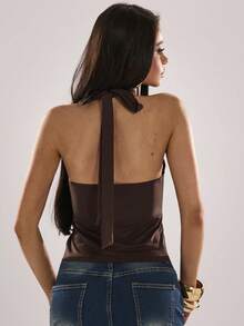 SHEIN BAE 女士性感亮片花卉刺绣露背吊带上衣，夏季 - 咖啡棕 - 查看 2