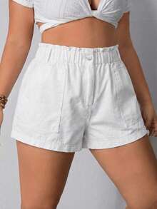 SHEIN Clasi Plus Size Summer Casual Solid Color Elastic Waist Big Pocket Denim Shorts - White - View 3