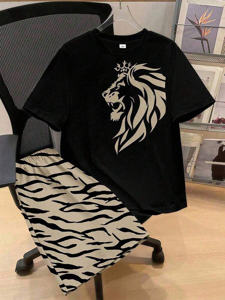 SHEIN 2 pièces/Set T-shirt à manches courtes imprimé lion décontracté pour adolescent garçon et short rayé tigre, été - Noir - Voir 1