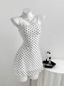 Elamini Women's Summer Casual Vacation Mesh Patchwork Polka Dot White Sexy Mini Dress Polka Dot Top Polka Dot Swimsuit Pokadot Top Pokadot Bikini - White - View 3