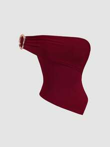 Sweetra New Summer Mesh Sexy Fashionable Versatile Asymmetric Hem Cinched Waist Red T-Shirt For Women - Burgundy - View 1