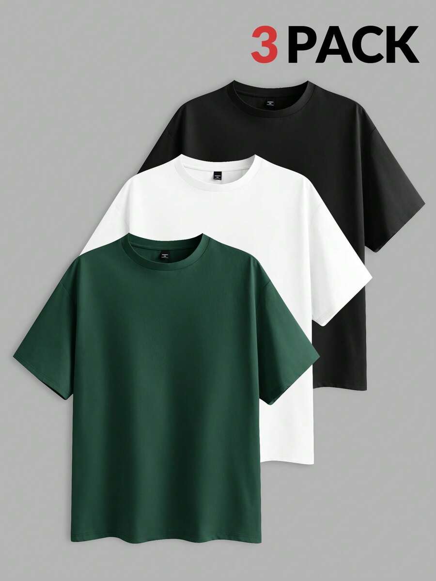 EASEVO 3件套加大码男士纯色修身圆领短袖T恤，休闲百搭，适合夏季日常穿着 - 彩色 - 查看 1
