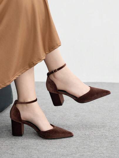 CUCCOO BIZCHIC Women's Brown Velvet Ankle Strap Side Space Thick Heel Shoes, Elegant And Light For Workplace Commuting, Versatile Work Shoes