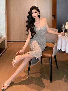 DAZY Women's Sexy Backless Tie Strap Fitted Tweed Party Dress, Summer - Grey - View 9