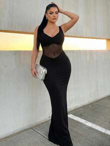 SHEIN SXY Black Sexy Mesh Spaghetti Strap Dress,Rave Outfit ,Summer, Spring,Valentine's Day,Going Out,Elegant ,Mesh ,Sheer,Black - Black - View 4