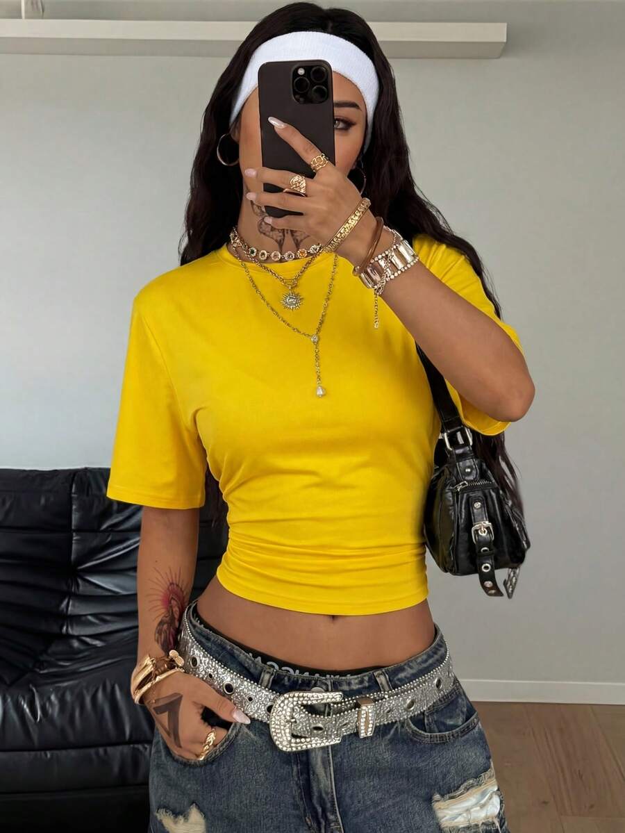 Coolane Women's Summer Minimalist Y2K Basic Daily Wear Casual Back To School Streetwear Stretchy White Loose Ruched Crop Tees - Yellow - View 1