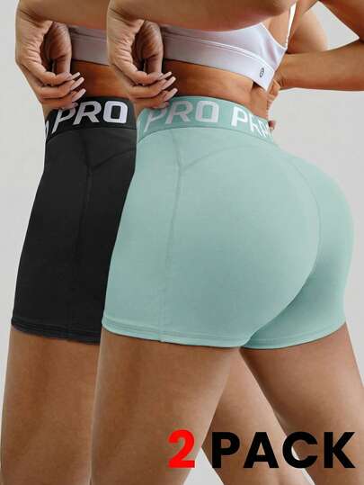 Easithlete 2pcs Women's Letter Elastic Waist Yoga Running Sports Shorts