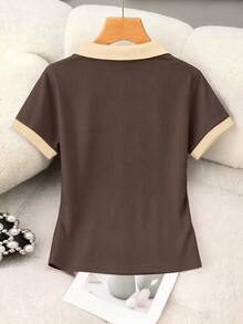 Rovax Áo thun ngắn tay nữ in họa tiết nơ thắt cổ, kiểu dáng thường ngày, đa năng. - Màu be - Xem 2