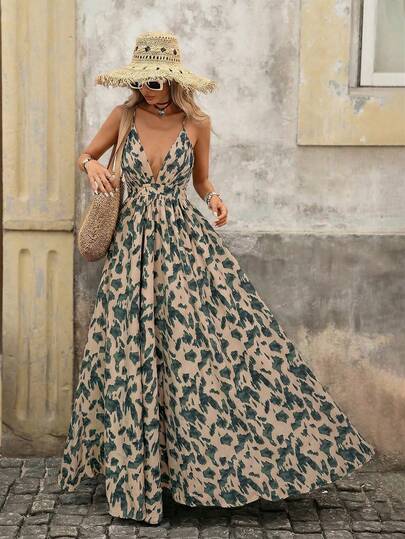 Brillora Vacation Outfits Women,Women's Summer Vacation All-Over Print V-Neck Sleeveless Dress Women Vacation Dress Deep V Neckline Dress Boho Maxi Dress Women Cheetah Print Dress Maxi Vacation Dress