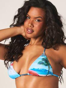 MISSGUIDED Tropical Beach Print Triangle Bikini Top With Halter Neck Straps And Side Ties For Summer Vacation Swimwear - Multicolor - View 2