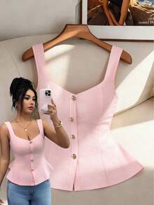 Elenzga Camiseta sin mangas con botones, corte ajustado y cintura plisada, elegante y de moda, con cuello cuadrado y botones, top de mujer de color rosa tipo corsé - Rosa - Ver 1