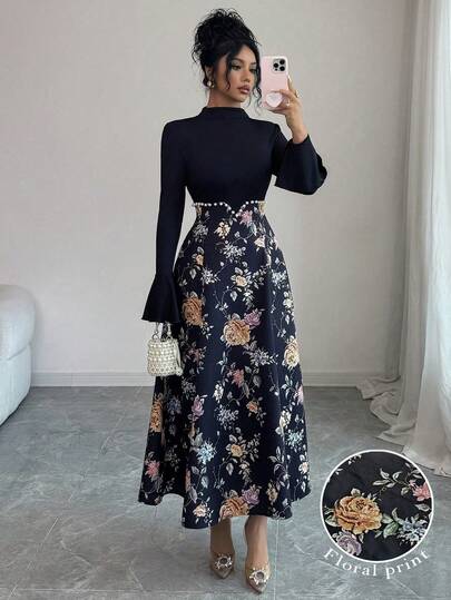 Modelyn 女士优雅花卉印花高领连衣裙，饰有串珠装饰，适合秋冬季