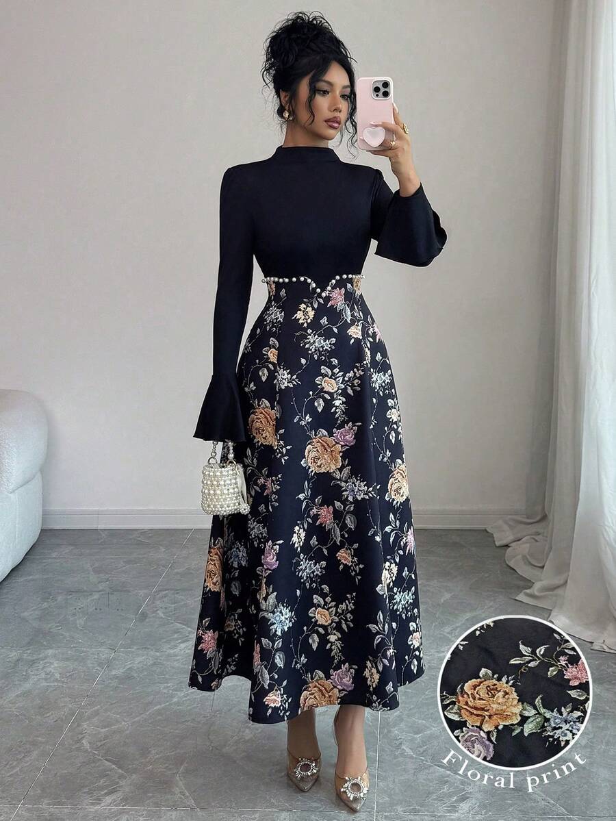 Modelyn Váy cổ lọ họa tiết hoa thanh lịch dành cho nữ, đính hạt, phù hợp cho mùa thu/đông - màu đen - Xem 1