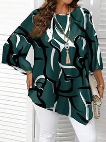 EMERY ROSE Blusa suelta, elegante y de talla grande con estampado de bloques de color - Verde Oscuro - Ver 4