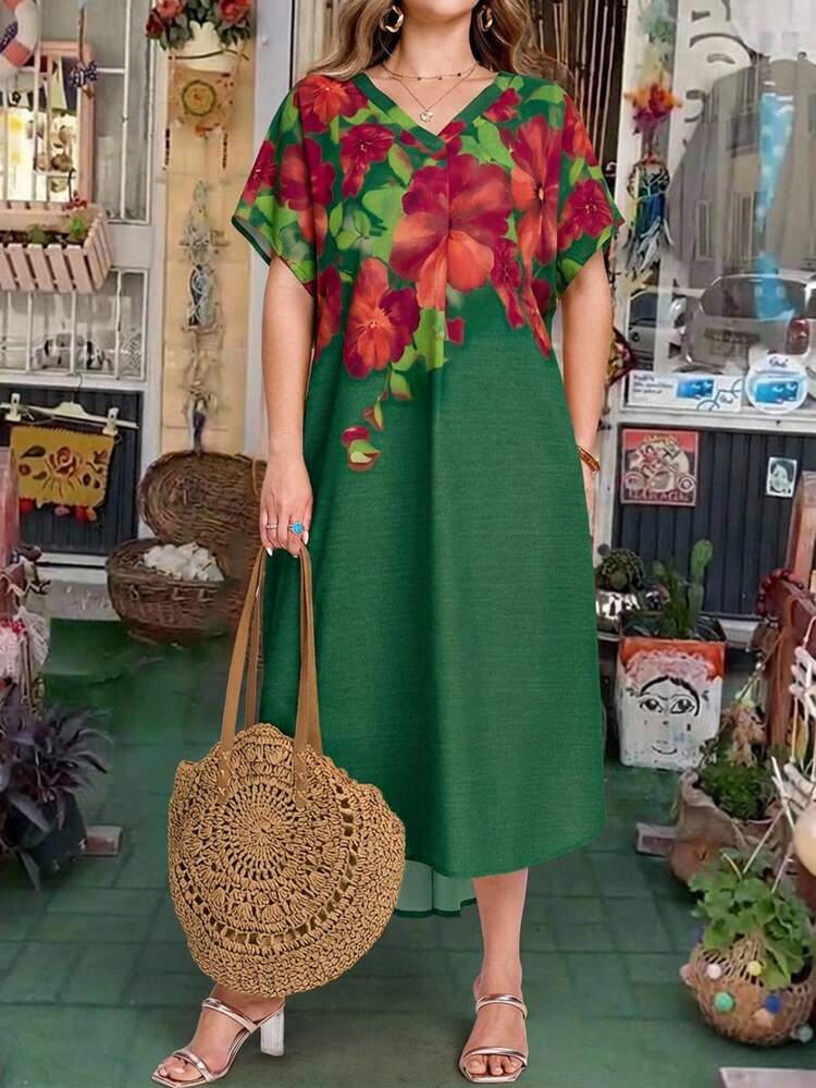 Plus Size V-Neck Ruched Hem Tropical Vacation Dress, Suitable For Spring & Summer Summer Outfits Summer Clothes Spring Dress Spring Outfit Women Spring Clothing Beach Vacation Outfits For Women