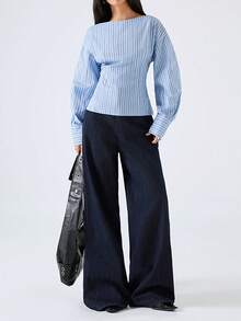 LYSMO Áo sơ mi nữ dài tay dáng ôm, vai rớt, kẻ sọc - Xanh và trắng - Xem 6