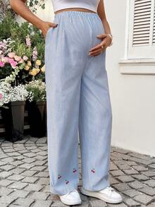 SHEIN Maternity Clothes Maternity Pants Summer Pregnant Clothes Blue Maternity Pants Comfortable,  Soft,Vacation Cherry - Blue and White - View 5
