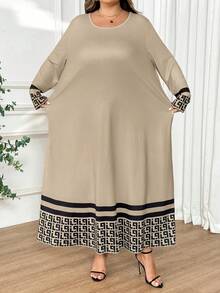 SHEIN CURVE+ 加大码黑色长袖宽松A字中长连衣裙，时尚秋冬连衣裙 - 卡其色 - 查看 3