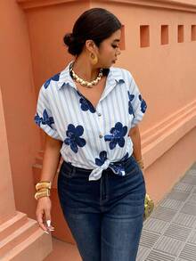 Weeklong Plus Size Front Button Heart Casual Loose Batwing Sleeve Blouse,Valentine - Multicolor - View 5