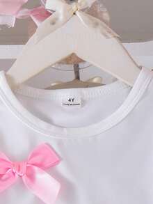 SHEIN Genkimix Kids 女童休闲日常短袖蝴蝶结装饰粉色T恤和白色百褶裙套装，夏季校园风 - 粉色 - 查看 7