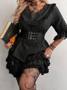Flirla Camicia elegante casual da donna taglie forti, di colore unito, con inserti in pizzo floreale traforato, vita segnata - nero - Visualizzare 4
