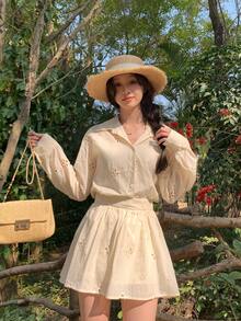 DAZY 女士法式镂空花卉上衣和层叠半裙两件套，显瘦 - 杏色 - 查看 5