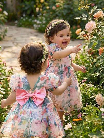 SHEIN Babygirl Elegant Summer Cute Floral Print Organza Short Sleeve Dress