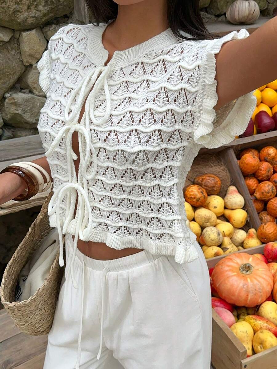 SHEIN SunnyBelle Women's White Hollow Casual Ruffle Bow Tie Fashionable Versatile Summer Short Sleeve Thin Cardigan - White - View 1