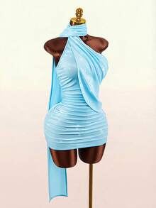 Amplova 女士纯色褶皱亮面无袖迷你连衣裙 - 藍色 - 查看 8