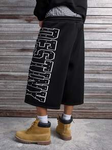 AXEPEAK Men's Letter Print Drawstring Waist Rhinestone Decor Casual Versatile Daily Wear Shorts - Black - View 7