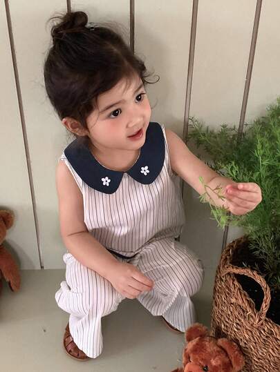 DAZY Toddler Girls' Korean Style Collared Sleeveless Contrast Color Shirt & Loose Pants 2 Pieces Set Summer