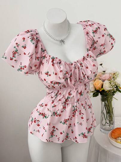 Sweetra Plus Size Sweetheart Collar Ruffle Hem Tie Front Short Sleeve Ditsy Floral Shirt, Summer
