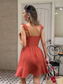 Serisse Women's Casual Ruffled Hem Mini Dress For Vacation,Lace Trim Design,French Ruffle Hem Dress, Sweet Ruffle Camisole,Red Dress,Mahogany Short Dress,High-Waisted Slimming A-Line Mini Skirt, Summer New Arrival,Summer Holiday Outfits,Summer Dresses For Women,Vacation Outfits For Women Women Sundress Summer Casual Sundress Vacation Dress Woman - Redwood - View 2