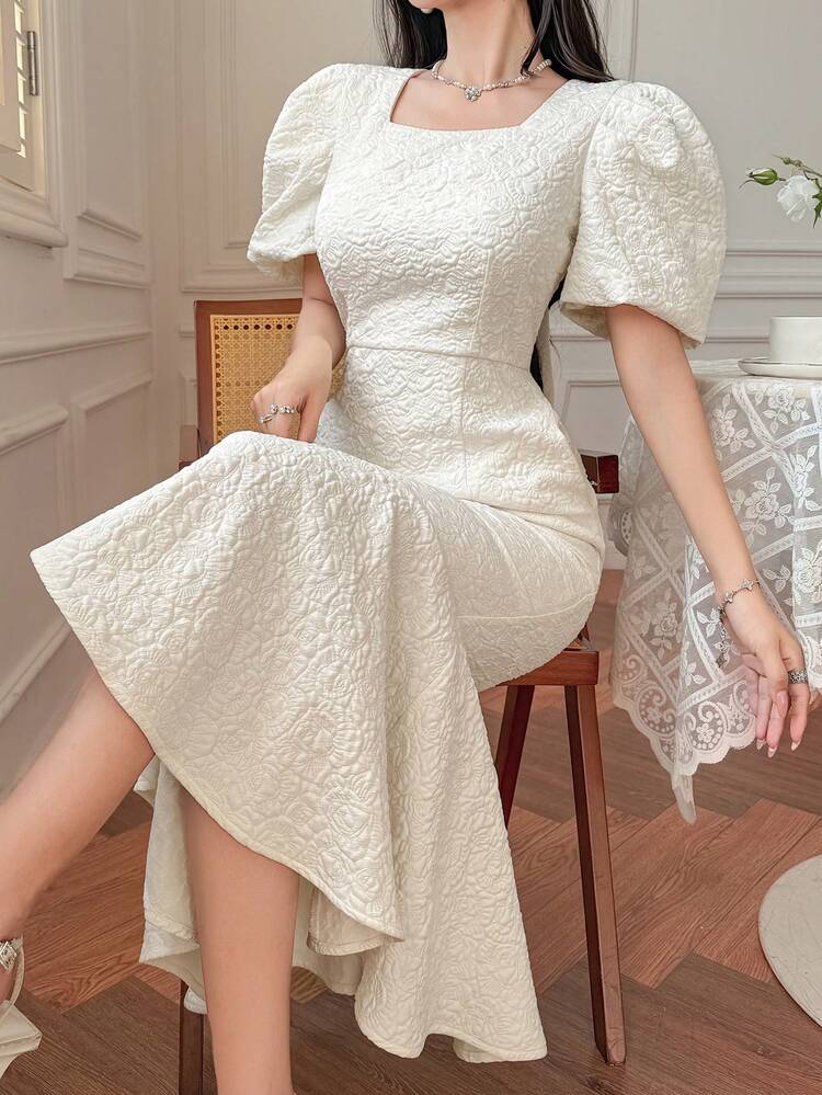 Women's Fashionable Elegant Square Neck Petal Sleeve Fishtail Dress Sundress