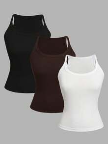 SHEIN 3件套少女休闲百搭简约吊带背心，修身圆领无袖设计，适合夏季穿着 - 彩色 - 查看 3