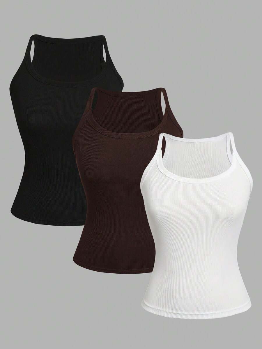 SHEIN 3件套少女休闲百搭简约吊带背心，修身圆领无袖设计，适合夏季穿着 - 彩色 - 查看 1