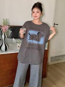 Dazy Plus 大码女式圆领狗狗字母印花短袖上衣和阔腿裤休闲家居服套装 - 灰色 - 查看 8