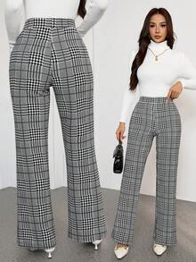 SHEIN PETITE 秋季优雅女士格子印花弹力针织裤，百搭款式，适合夏季度假、优雅旅行和日常通勤等多种场合，灰色长裤，秋季 - 黑與白 - 查看 3