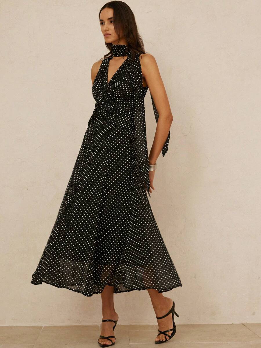 Aveloria Rosie 新款时尚波点V领长款连衣裙女装两件套，吸睛服饰，3D立体剪裁，优雅两件套 - 黑色 - 查看 1