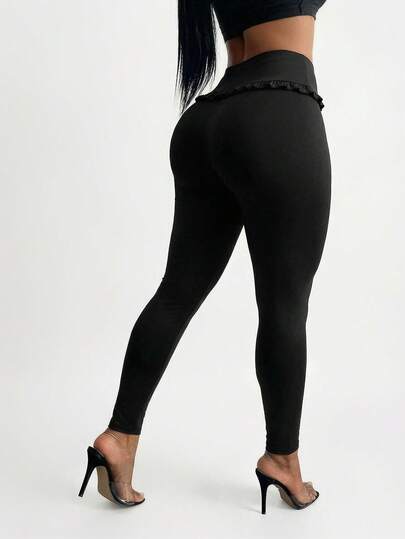 SHEIN SXY Solid Color High Waist Skinny Leggings, Fashionable & Sexy, Suitable For Daily Wear, Form-Fitting Leggings, Black Leggings, Ruffle Waistband Leggings, High-Waisted Leggings, Athletic Leggings Women's Leggings