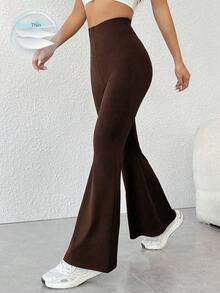 SHEIN PETITE 女款休閒運動日常通勤純色高腰提臀喇叭褲寬腿褲，棕色高腰喇叭褲，適合嬌小女性 - 棕色 - 查看 7